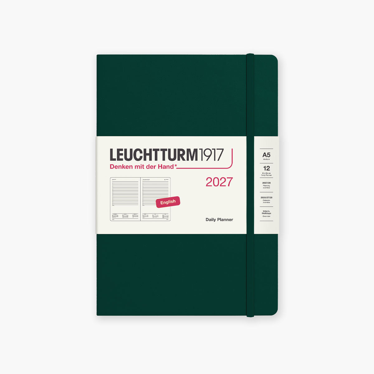 Dzienny kalendarz A5 na rok 2027 w kolorze zielonym od marki Leuchtturm1917.