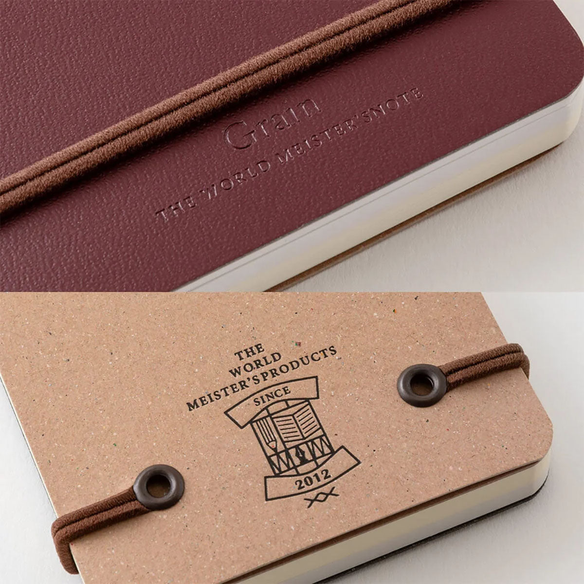 Detale czerwonego notatnika z metalową spiralą i skórzaną okładką.