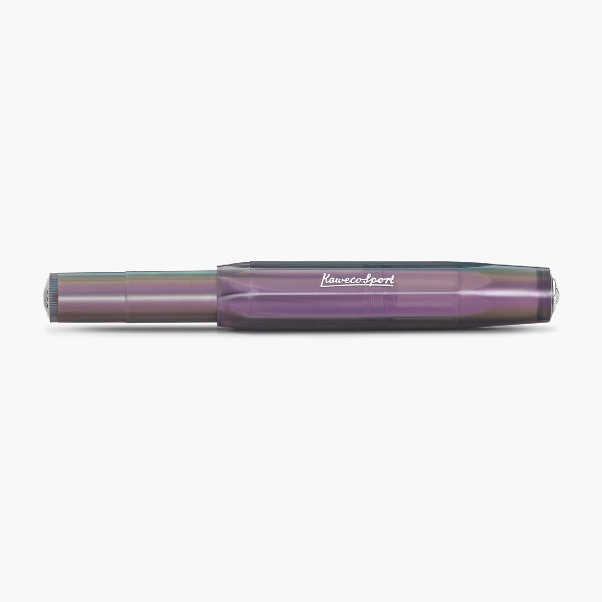 Pióro Kaweco Lunar Shadow Purple z perłowym wykończeniem, z srebrną stalówką i napisem „Kaweco Sport”.
